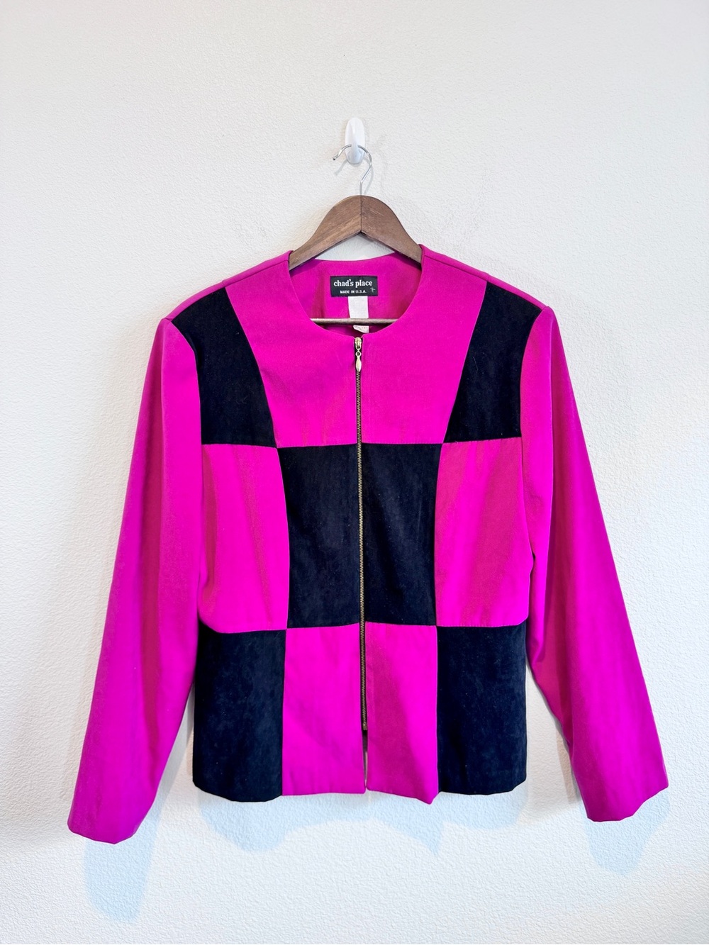 Chad’s Place Vintage 90s Jacket 16 Pink Black Checkerboard Colorblock Suede J57